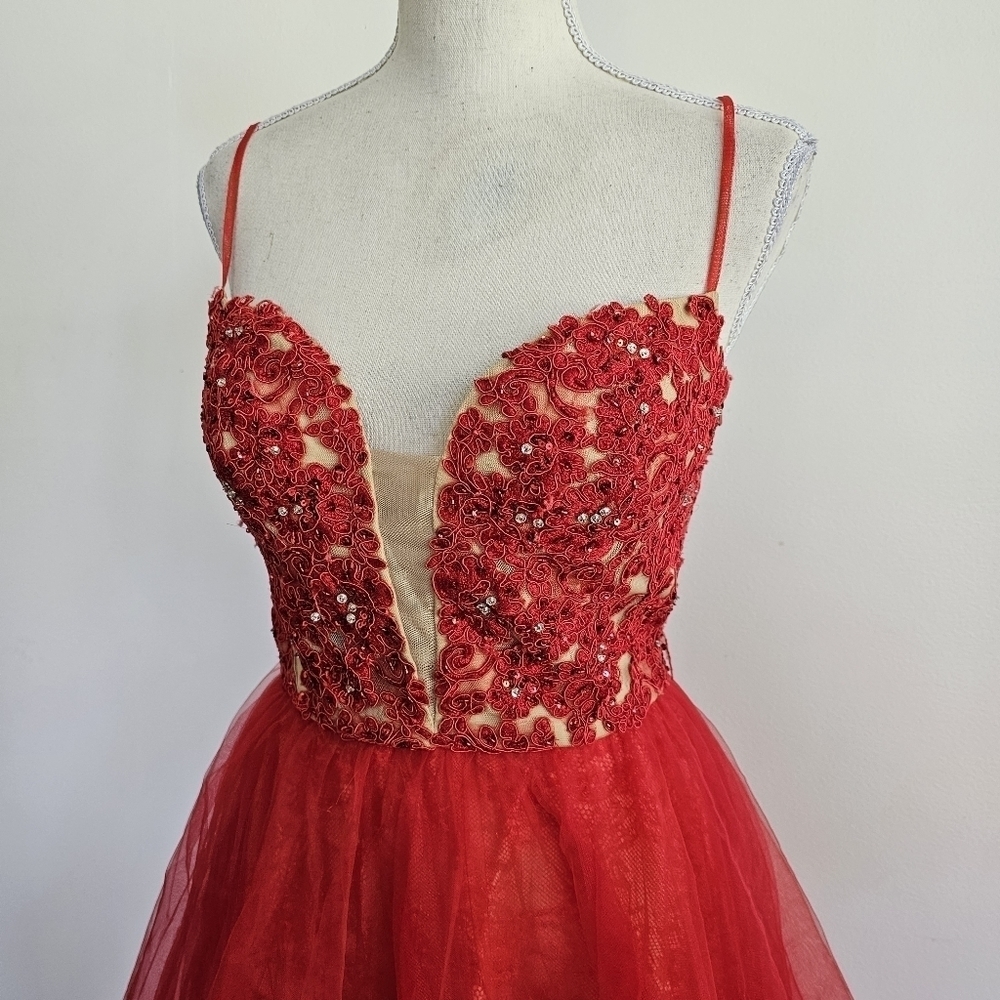 Sherri Hill Red & Nude Tulle Lace Maxi Dress - Picture 7 of 16